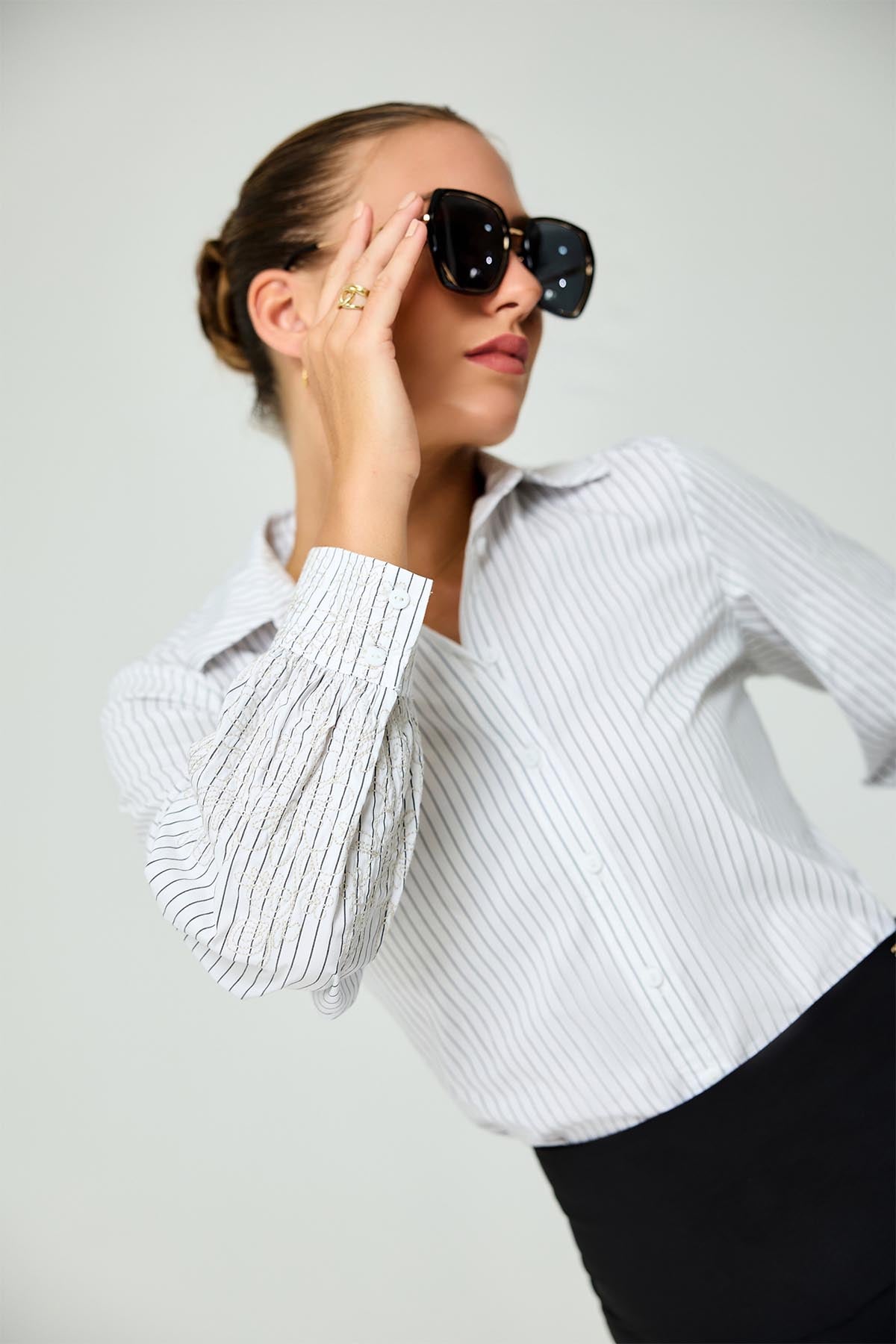 Vintage Flower Embroidery Stripe Work Wear Shirt