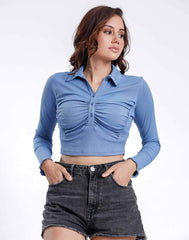 Button Down Solid Crop Ruched Top