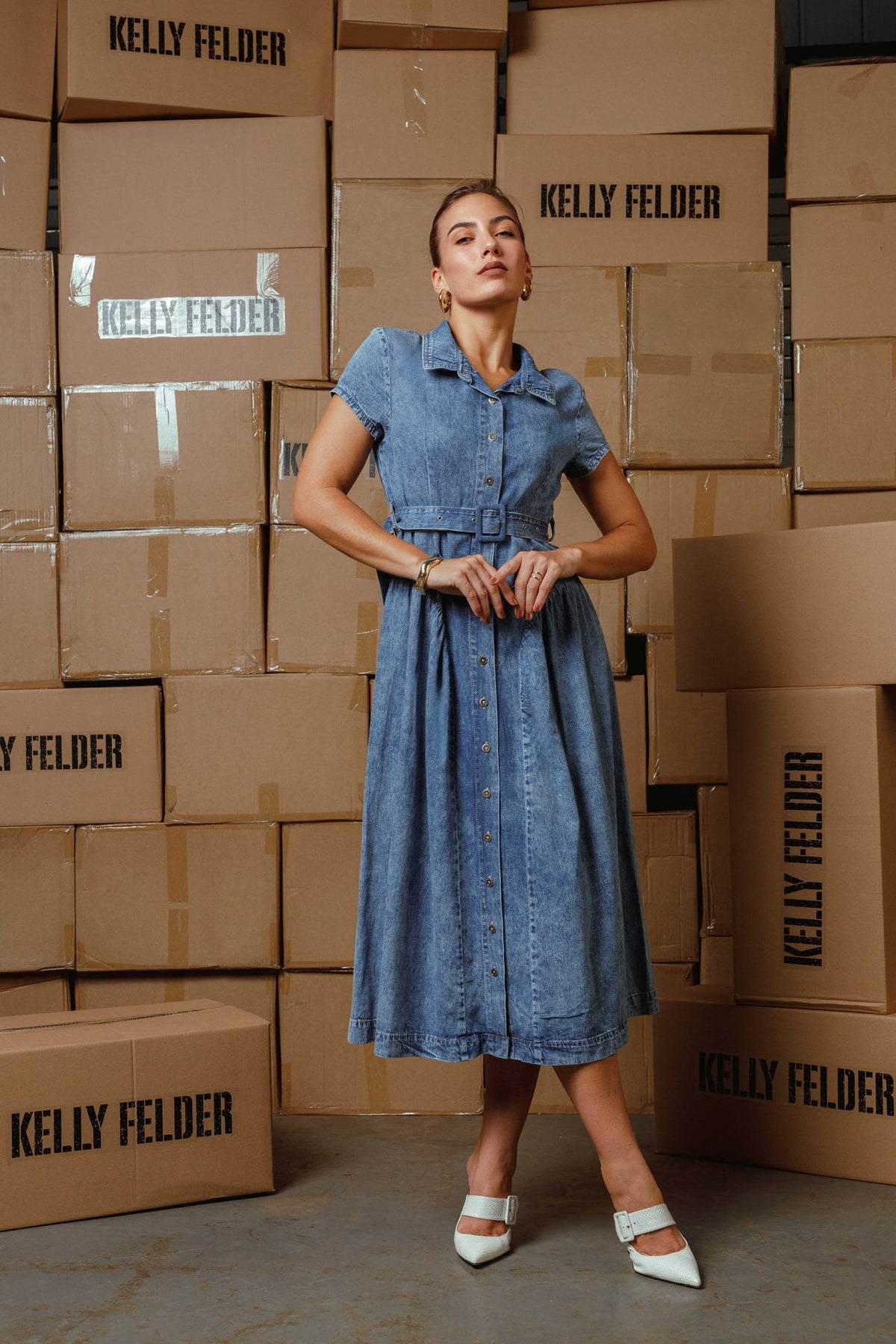 Classic Button-Down Belted Midi Dress