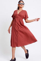 Tori Shirring V Neck Midi Dress